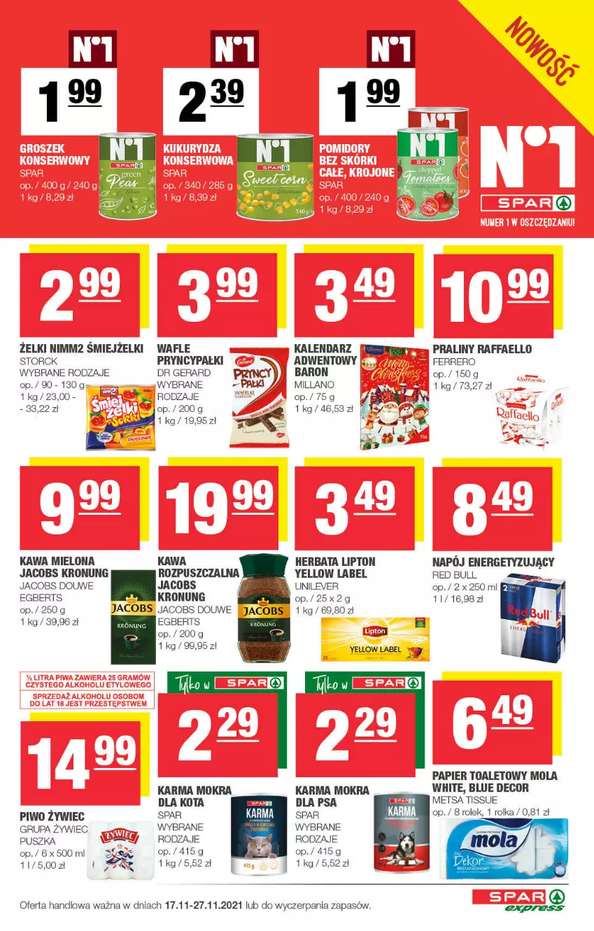 Gazetka promocyjna Spar - ważna 14.11 do 24.11.2021 - strona 3 - produkty: Dr Gerard, Fa, Ferrero, Herbata, Jacobs, Kalendarz, Kawa, Kawa mielona, Lipton, Mokra karma, Mola, Napój, Nimm2, Papier, Papier toaletowy, Piwo, Praliny, Raffaello, Red Bull, Wafle