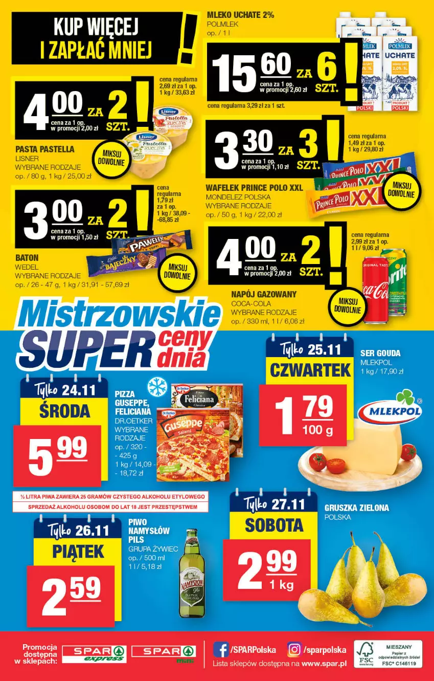 Gazetka promocyjna Spar - ważna 14.11 do 24.11.2021 - strona 4 - produkty: Baton, Coca-Cola, Gra, Lisner, Mleko, Napój, Napój gazowany, Pastella, Piwa, Prince Polo, Wafelek