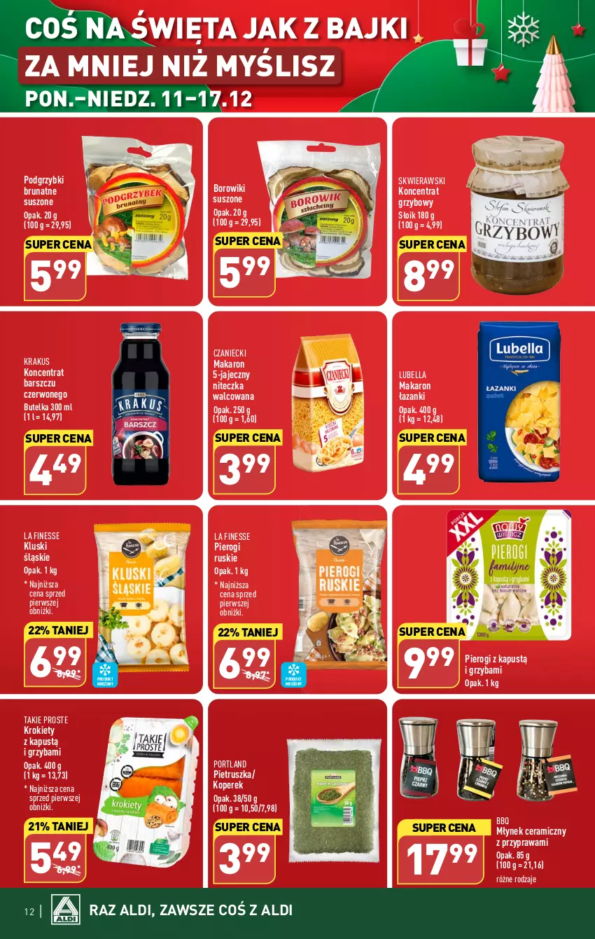 Gazetka promocyjna Aldi - Pełna oferta - ważna 11.12 do 17.12.2023 - strona 12 - produkty: Bell, Bella, Borowiki, Kapustą, Krakus, Krokiety, Lubella, Makaron, Młynek, Pierogi, Pietruszka, Podgrzybki, Por