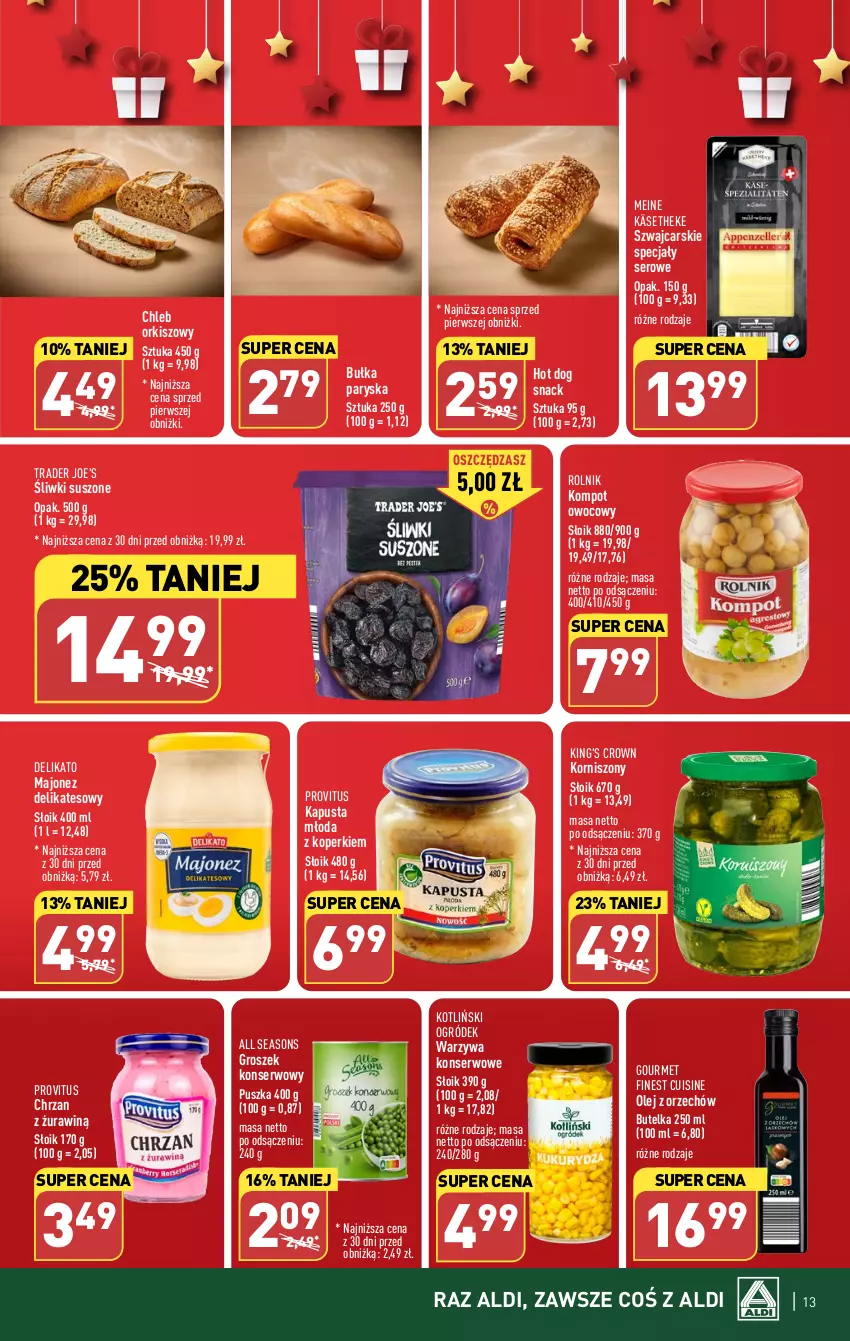 Gazetka promocyjna Aldi - Pełna oferta - ważna 11.12 do 17.12.2023 - strona 13 - produkty: All Seasons, Bułka, Cars, Chleb, Chrzan, Groszek, Hot dog, Hot dog snack, Korniszony, Majonez, Ogród, Olej, Rolnik, Ser, Warzywa, Warzywa konserwowe