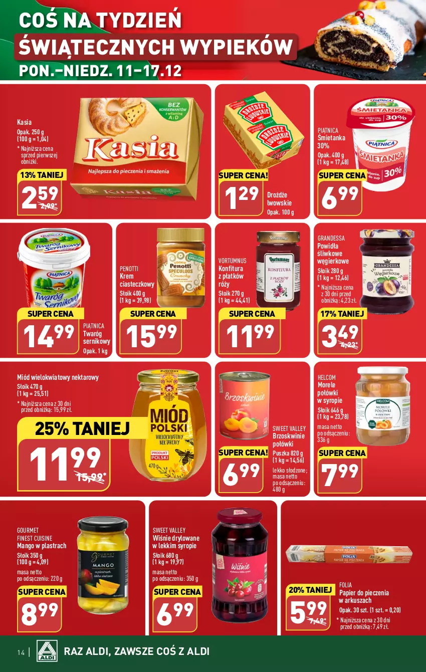 Gazetka promocyjna Aldi - Pełna oferta - ważna 11.12 do 17.12.2023 - strona 14 - produkty: Brzoskwinie, Drożdże, Gra, HELCOM, Kasia, Konfitura, Mango, Miód, Nektar, Papier, Papier do pieczenia, Piątnica, Piec, Ser, Syrop, Twaróg