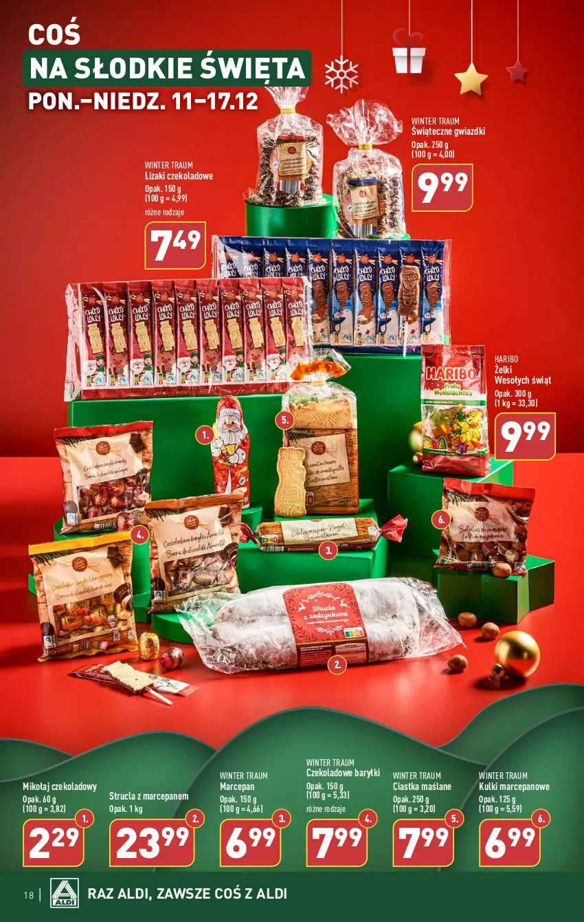 Gazetka promocyjna Aldi - Pełna oferta - ważna 11.12 do 17.12.2023 - strona 18 - produkty: Baryłki, Ciastka, Haribo, Lizaki, Lizaki czekoladowe, Strucla, Strucla z marcepanem