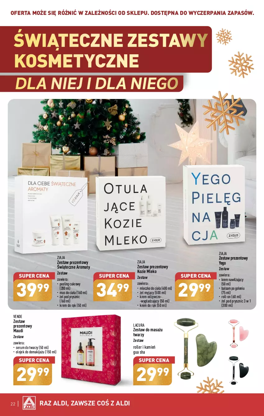 Gazetka promocyjna Aldi - Pełna oferta - ważna 11.12 do 17.12.2023 - strona 22 - produkty: Balsam po goleniu, Krem do rąk, Krem nawilżający, Makijaż, Mleczko, Mleczko do ciała, Mleko, Mus, Olej, Olejek do demakijażu, Peeling, Roller, Rum, Ser, Serum, Serum do twarzy, Zestaw prezentowy, Ziaja