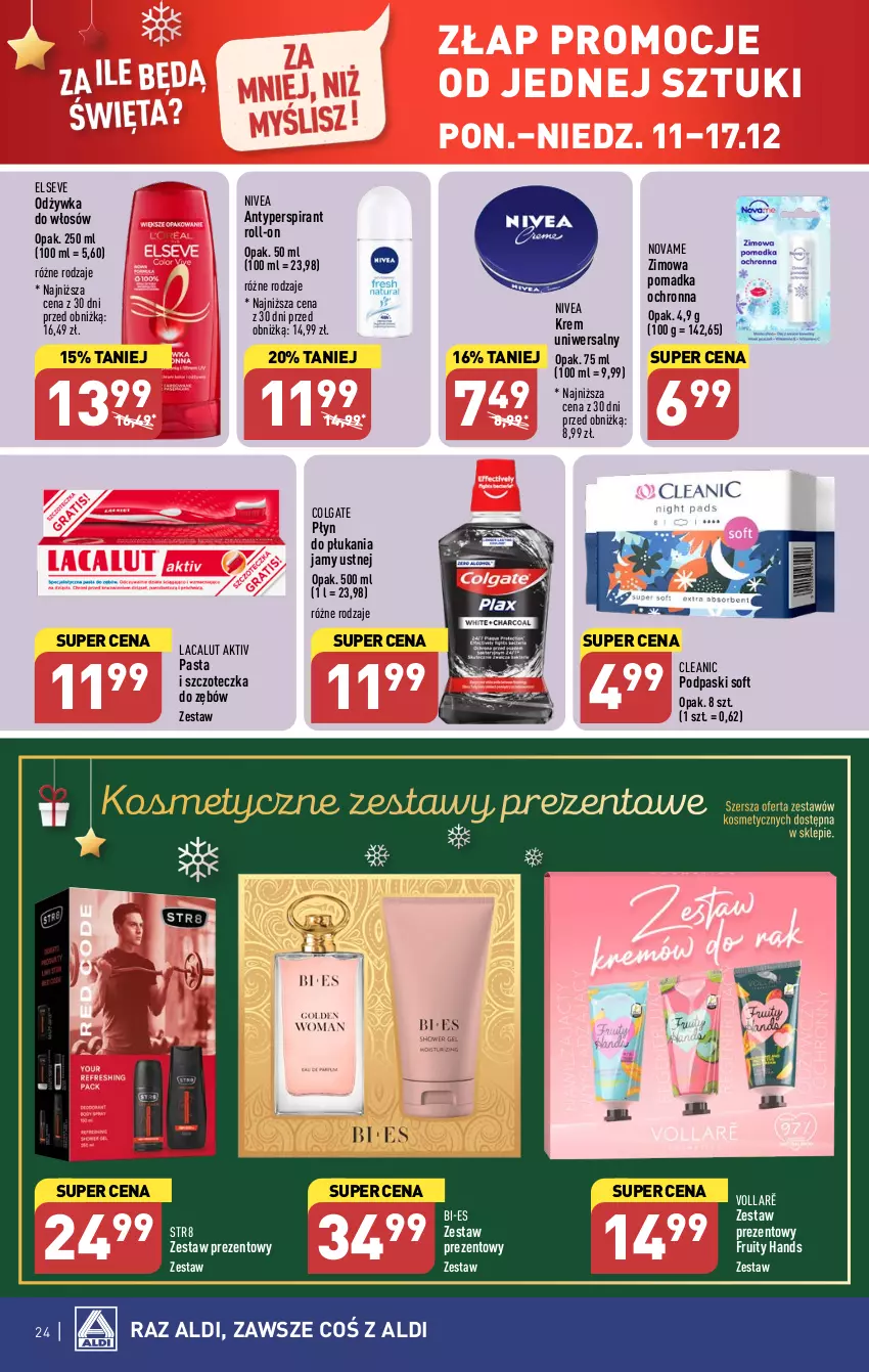 Gazetka promocyjna Aldi - Pełna oferta - ważna 11.12 do 17.12.2023 - strona 24 - produkty: Antyperspirant, Cleanic, Colgate, Elseve, Krem uniwersalny, Lacalut, LG, Nivea, Odżywka, Płyn do płukania, Płyn do płukania jamy ustnej, Podpaski, Str8, Szczoteczka, Szczoteczka do zębów, Zestaw prezentowy