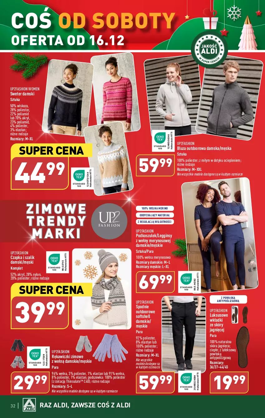 Gazetka promocyjna Aldi - Pełna oferta - ważna 11.12 do 17.12.2023 - strona 32 - produkty: Bluza, Czapka, Fa, Gin, Kosz, Legginsy, LG, Podkoszulek, Spodnie, Sweter, Szal, Wełna, Wkładki