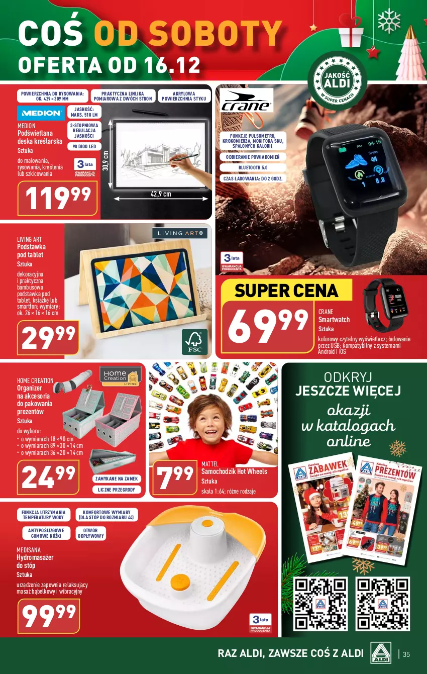 Gazetka promocyjna Aldi - Pełna oferta - ważna 11.12 do 17.12.2023 - strona 35 - produkty: Akcesoria do pakowania, Chodzik, Hot Wheels, Isana, Krokomierz, LANA, Masażer, Mattel, Monitor, Organizer, Smartfon, Smartwatch, Tablet, Top