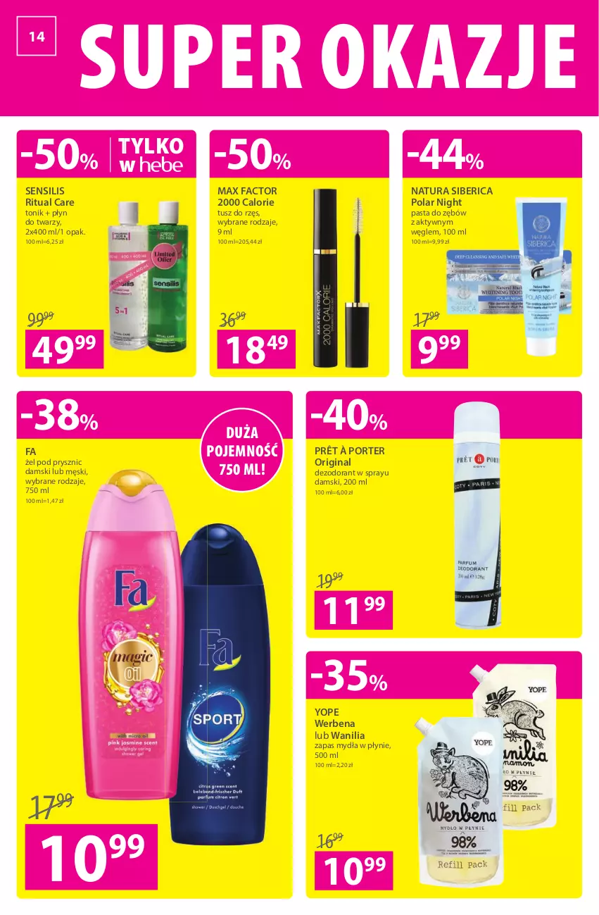 Gazetka promocyjna Hebe - Gazetka - ważna 10.02 do 23.02.2022 - strona 14 - produkty: Dezodorant, Fa, Gin, Max Factor, Natura Siberica, Pasta do zębów, Por, Tonik, Tusz, Yope, Zapas mydła w płynie