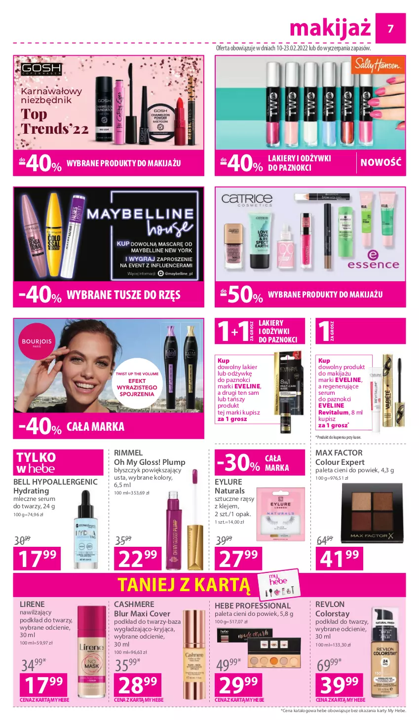 Gazetka promocyjna Hebe - Gazetka - ważna 10.02 do 23.02.2022 - strona 7 - produkty: Bell, Bell HypoAllergenic, Eveline, Fa, Klej, Lakier, Lirene, Makijaż, Max Factor, Paleta, Podkład, Podkład do twarzy, Produkty do makijażu, Revlon, Rum, Ser, Serum, Serum do twarzy, Sztuczne rzęsy, Top, Tusz