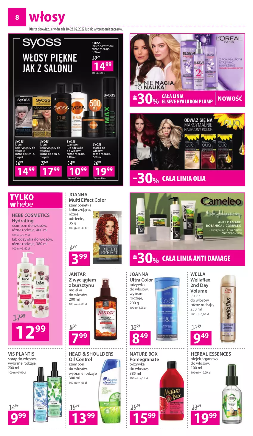 Gazetka promocyjna Hebe - Gazetka - ważna 10.02 do 23.02.2022 - strona 8 - produkty: Bursztyn, Control, Elseve, Gra, Granat, Hebe Cosmetics, Joanna, Krem koloryzujący do włosów, Lakier, Lakier do włosów, Maska, Maska do włosów, Nature Box, Odżywka, Olej, Syoss, Szampon, Wella, Wellaflex