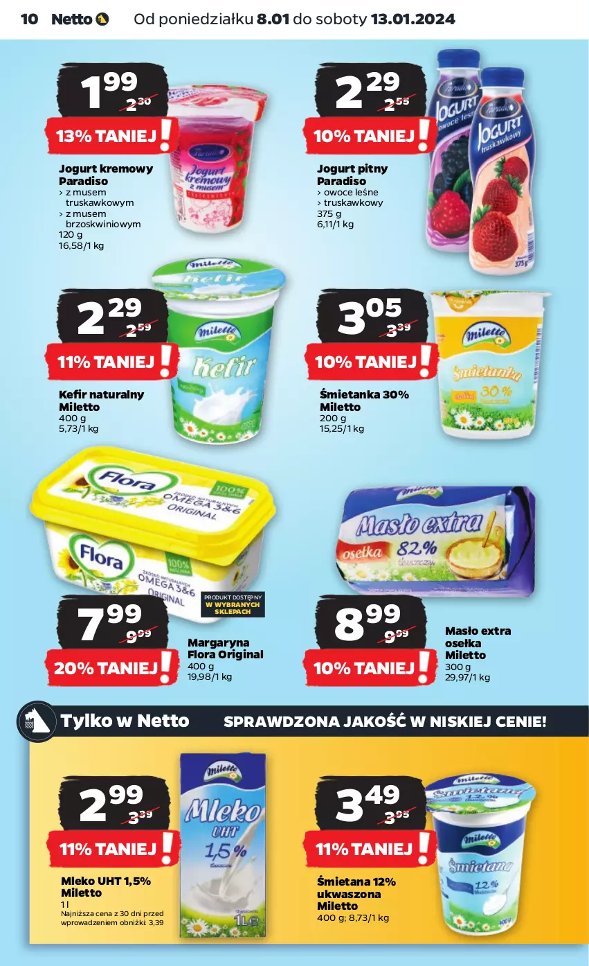 Gazetka promocyjna Netto - Artykuły spożywcze - ważna 08.01 do 13.01.2024 - strona 10 - produkty: Flora, Gin, Jogurt, Jogurt pitny, Kefir, Kefir naturalny, Margaryna, Masło, Mleko, Mus, Owoce