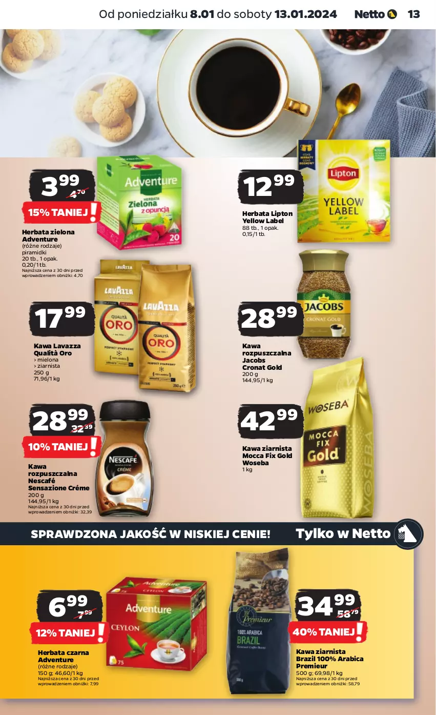 Gazetka promocyjna Netto - Artykuły spożywcze - ważna 08.01 do 13.01.2024 - strona 13 - produkty: BIC, Herbata, Herbata czarna, Jacobs, Kawa, Kawa rozpuszczalna, Kawa ziarnista, Lavazza, Lipton, Mocca Fix Gold, Nescafé, Woseba