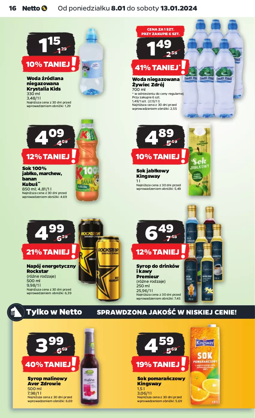 Gazetka promocyjna Netto - Artykuły spożywcze - ważna 08.01 do 13.01.2024 - strona 16 - produkty: Kubuś, LANA, Napój, Napój energetyczny, Sok, Sok jabłkowy, Sok pomarańczowy, Syrop, Woda, Woda niegazowana, Zdrowie