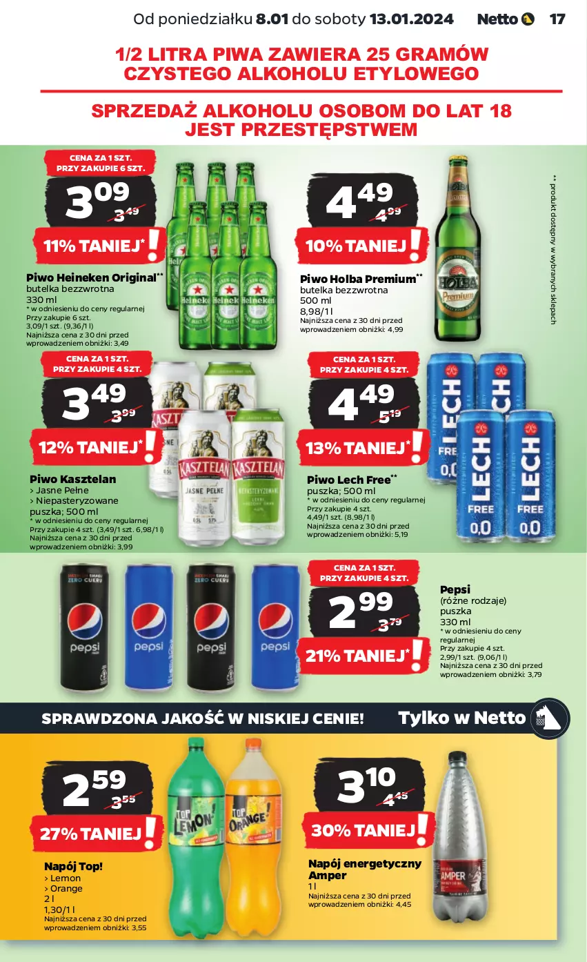 Gazetka promocyjna Netto - Artykuły spożywcze - ważna 08.01 do 13.01.2024 - strona 17 - produkty: Gin, Gra, Heineken, Kasztelan, Napój, Napój energetyczny, Pepsi, Piwa, Piwo, Top