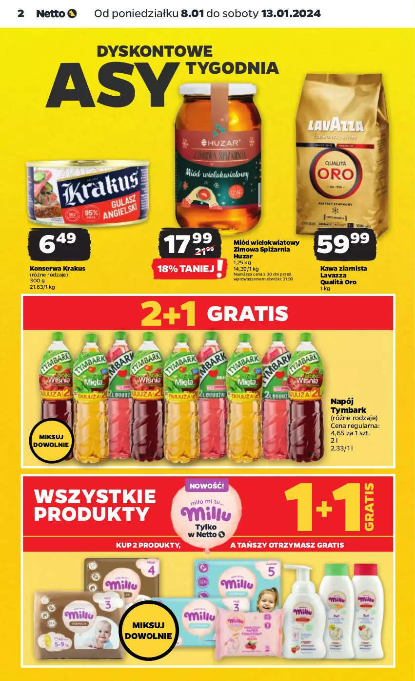 Gazetka promocyjna Netto - Artykuły spożywcze - ważna 08.01 do 13.01.2024 - strona 2 - produkty: Gra, Kawa, Kawa ziarnista, Krakus, Lavazza, Miód, Napój, Ser, Tymbark