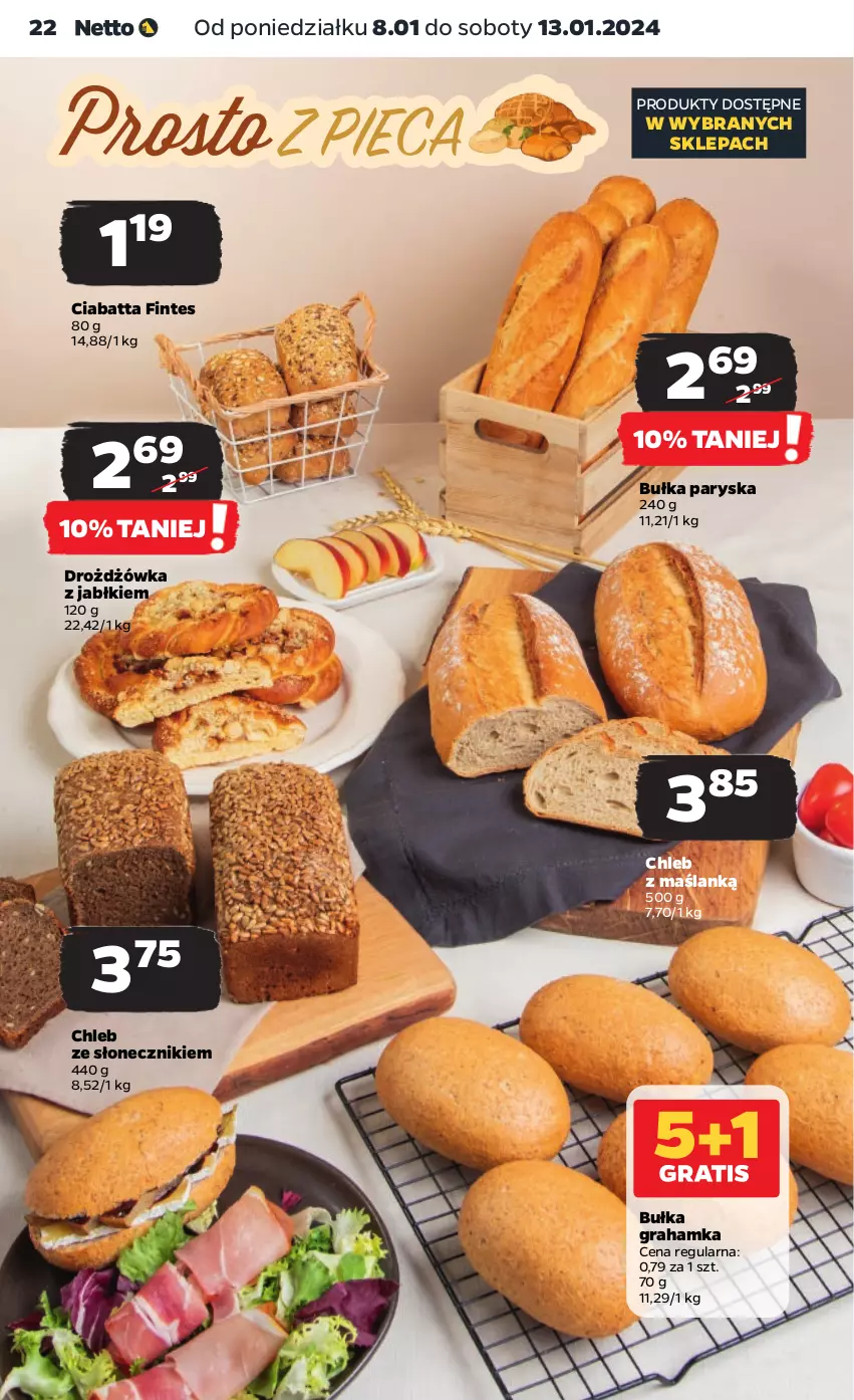 Gazetka promocyjna Netto - Artykuły spożywcze - ważna 08.01 do 13.01.2024 - strona 22 - produkty: Bułka, Bułka grahamka, Chleb, Ciabatta, Gra