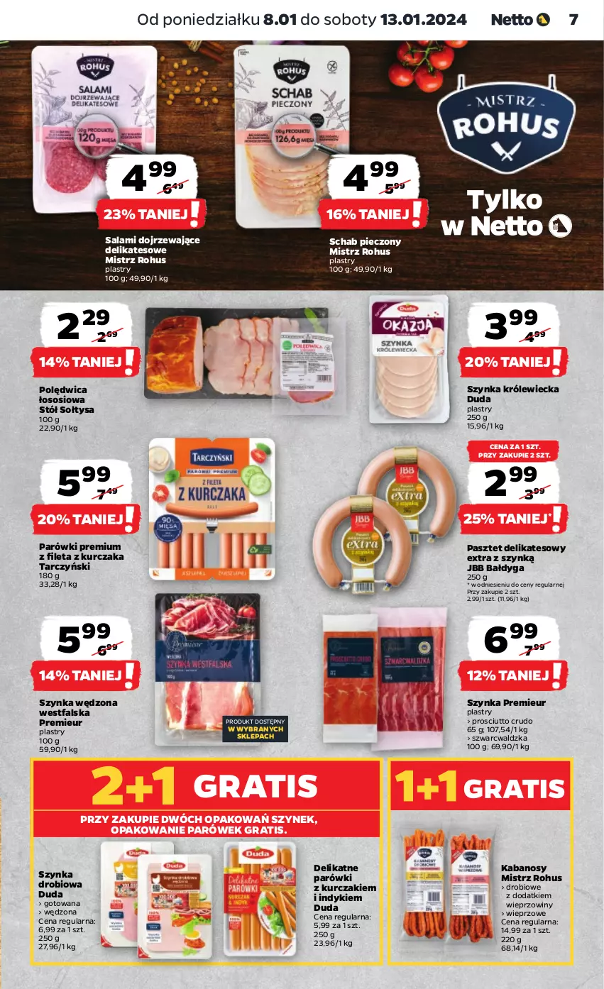 Gazetka promocyjna Netto - Artykuły spożywcze - ważna 08.01 do 13.01.2024 - strona 7 - produkty: Duda, Fa, Gra, Kabanos, Kurczak, Parówki, Pasztet, Piec, Polędwica, Prosciutto, Salami, Schab pieczony, Sos, Stół, Szynka, Tarczyński