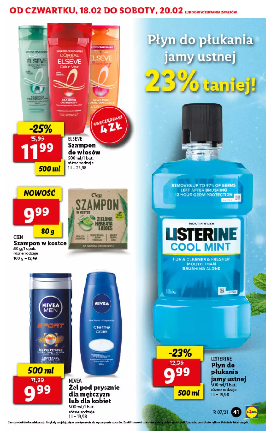 Gazetka promocyjna Lidl - GAZETKA - ważna 18.02 do 20.02.2021 - strona 41 - produkty: Elseve, Listerine, Nivea, Płyn do płukania, Szampon