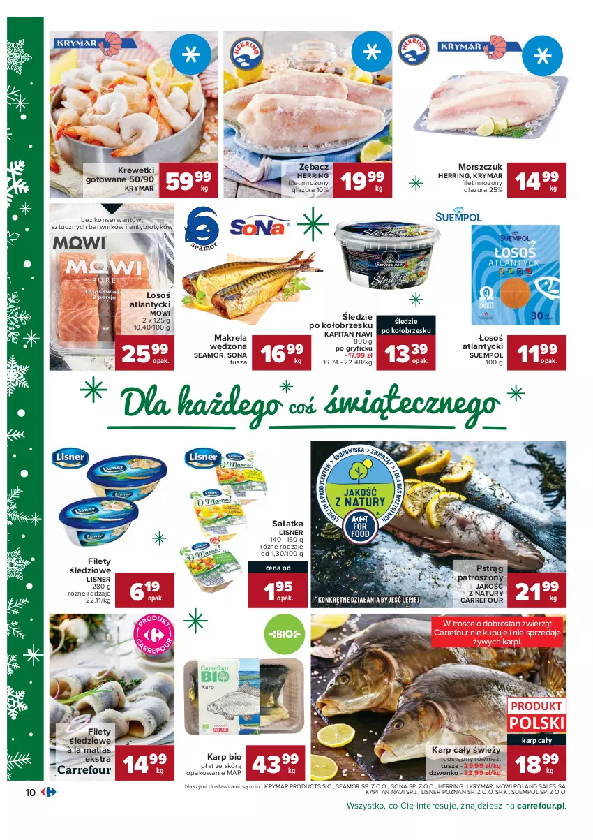 Gazetka promocyjna Carrefour - Gazetka Carrefour - ważna 07.12 do 12.12.2021 - strona 10 - produkty: Glazura, Gry, Karp, Krewetki, Lazur, Lisner, Pstrąg, Sałat, Sałatka, Ser, Suempol, Tusz