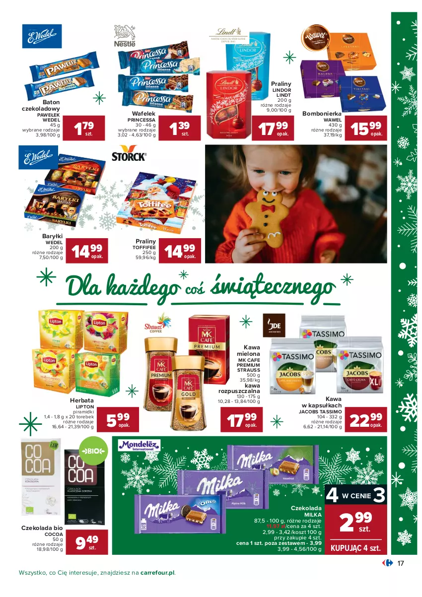 Gazetka promocyjna Carrefour - Gazetka Carrefour - ważna 07.12 do 12.12.2021 - strona 17 - produkty: Baryłki, Baton, Czekolada, Herbata, Jacobs, Kawa, Kawa mielona, Kawa rozpuszczalna, Kosz, Lindor, Lindt, Lipton, Milka, Praliny, Princessa, Tassimo, Toffifee, Wafelek, Wawel