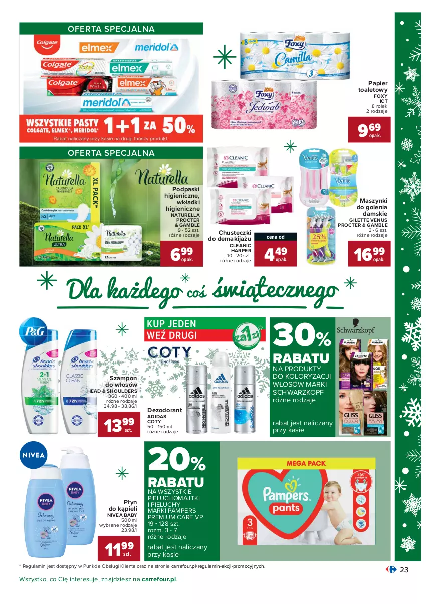 Gazetka promocyjna Carrefour - Gazetka Carrefour - ważna 07.12 do 12.12.2021 - strona 23 - produkty: Adidas, Chusteczki, Cleanic, Dezodorant, Foxy, Majtki, Makijaż, Naturell, Naturella, Nivea, Nivea Baby, Pampers, Papier, Papier toaletowy, Pieluchomajtki, Pieluchy, Płyn do kąpieli, Podpaski, Schwarzkopf, Szampon, Venus, Wkładki