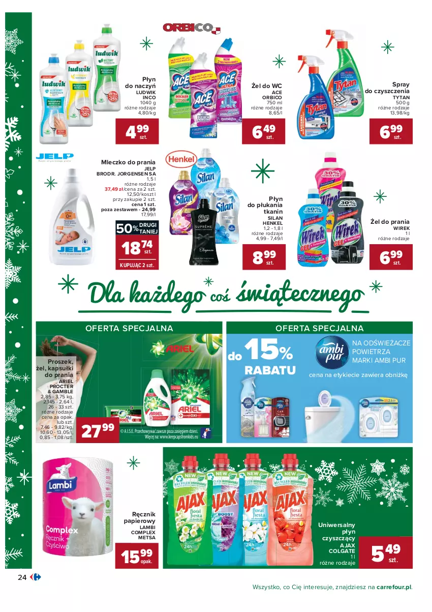 Gazetka promocyjna Carrefour - Gazetka Carrefour - ważna 07.12 do 12.12.2021 - strona 24 - produkty: Ajax, Ambi Pur, Ariel, BIC, Colgate, Kapsułki do prania, Kosz, LG, Ludwik, Mleczko, Mleczko do prania, Papier, Płyn do płukania, Pur, Ręcznik, Silan, Spray do czyszczenia, Tytan, Uniwersalny płyn czyszczący