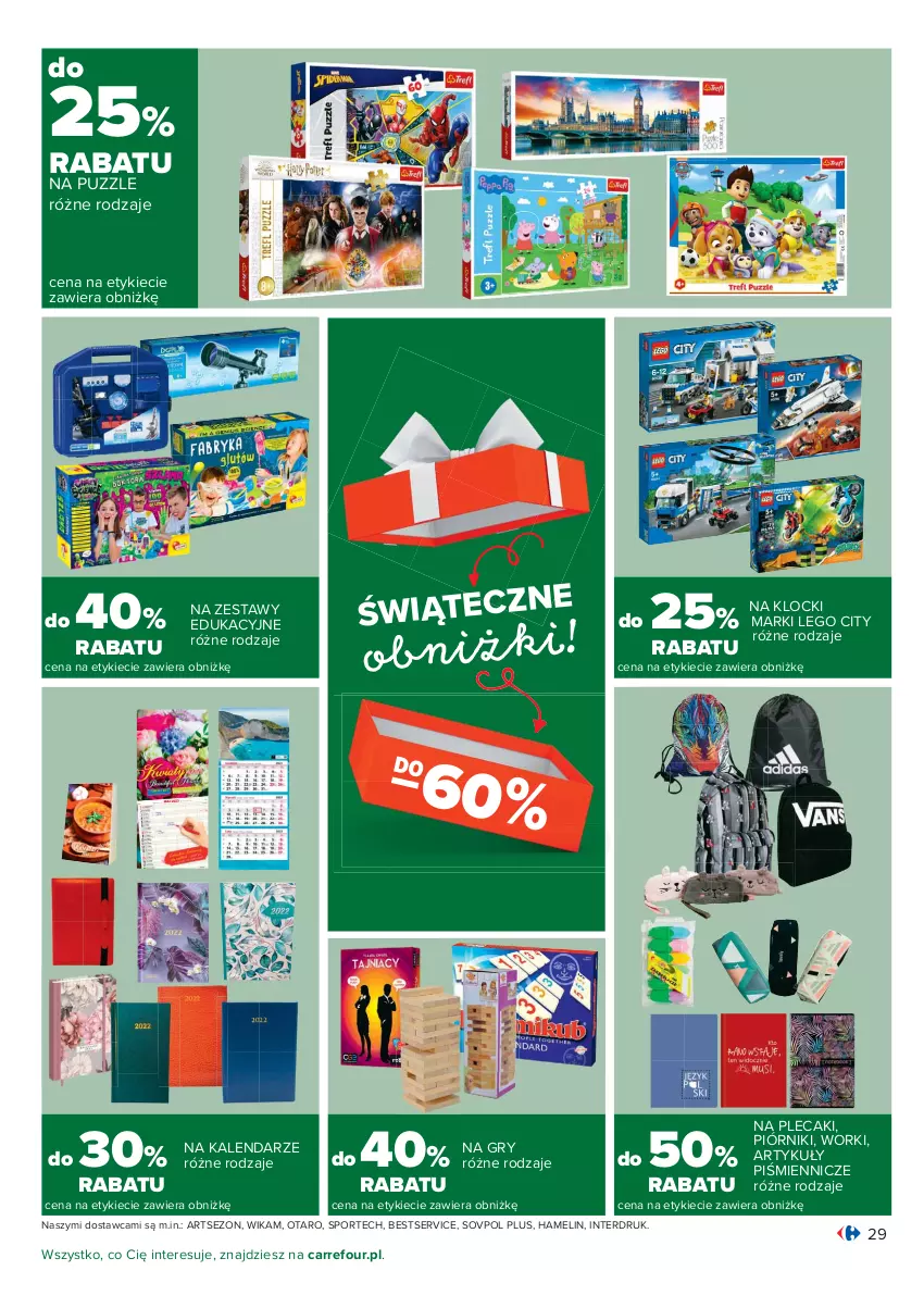 Gazetka promocyjna Carrefour - Gazetka Carrefour - ważna 07.12 do 12.12.2021 - strona 29 - produkty: Gry, Kalendarz, Klocki, LEGO, LEGO City, Piórnik, Plecak, Por, Puzzle, Ser, Sport