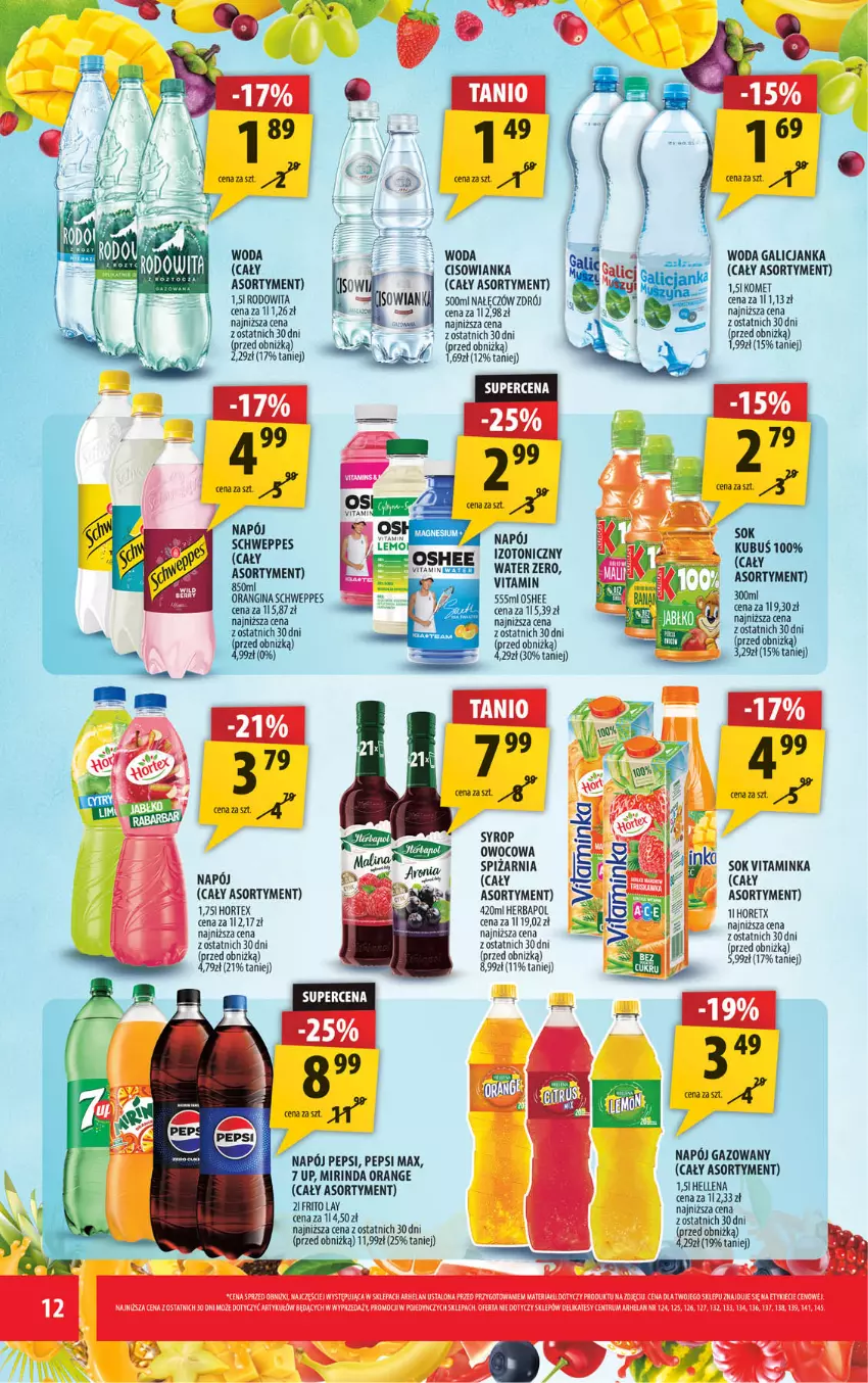 Gazetka promocyjna Arhelan - Gazetka - ważna 27.02 do 08.03.2026 - strona 12 - produkty: Gin, Hellena, Herbapol, Hortex, Kubuś, Mirinda, Napój, Napój gazowany, Oshee, Pepsi, Pepsi max, Rum, Schweppes, Syrop, Woda