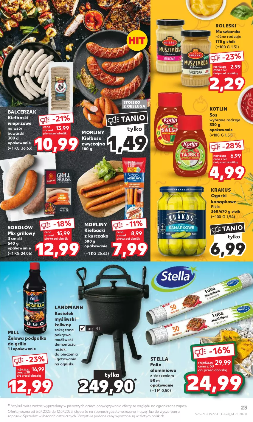 Gazetka promocyjna Kaufland - Gazetka tygodnia - ważna 06.07 do 12.07.2023 - strona 23 - produkty: Folia aluminiowa, Gra, Grill, Kiełbasa, Koc, Kotlin, Krakus, Kurczak, Morliny, Mus, Musztarda, Piec, Pokrywa, Sok, Sokołów, Sos