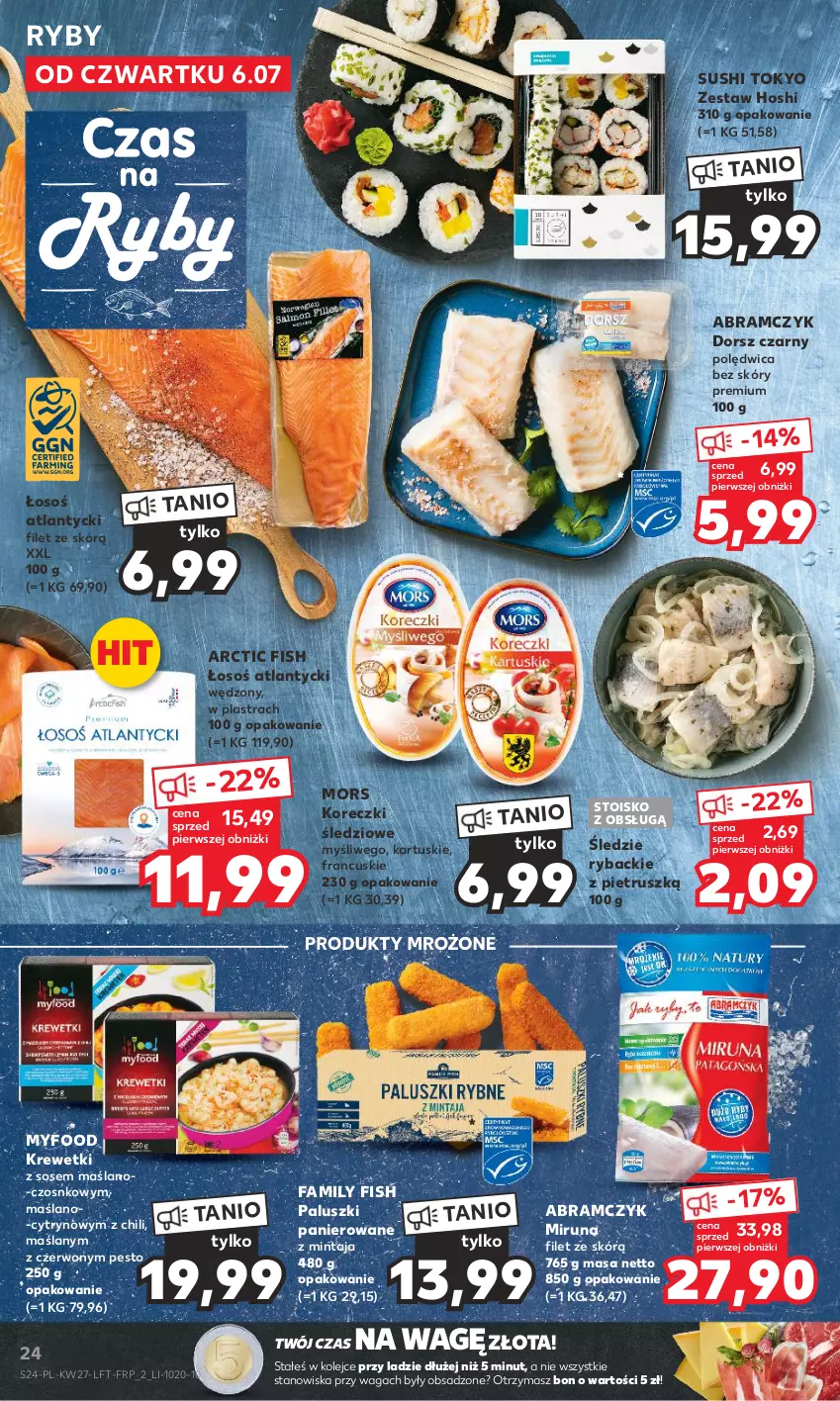 Gazetka promocyjna Kaufland - Gazetka tygodnia - ważna 06.07 do 12.07.2023 - strona 24 - produkty: Dorsz, Fa, Koreczki śledziowe, Krewetki, Mintaj, Miruna, Olej, Pesto, Polędwica, Produkty mrożone, Ryba, Sos, Sushi, Waga