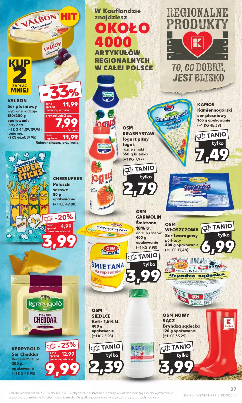 Gazetka promocyjna Kaufland - Gazetka tygodnia - ważna 06.07 do 12.07.2023 - strona 27 - produkty: Bryndza, Cheddar, Jogurt, Jogurt pitny, KaMos, Kefir, Ser, Ser pleśniowy, Ser twarogowy, Sos