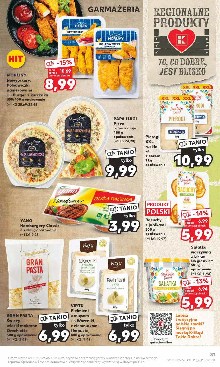 Gazetka promocyjna Kaufland - Gazetka tygodnia - ważna 06.07 do 12.07.2023 - strona 31 - produkty: Burger, Gra, Hamburger, Jabłka, Kapustą, Kurczak, Makaron, Morliny, Pierogi, Pizza, Polędwiczki panierowane, Sałat, Sałatka, Sałatka warzywna, Ser, Virtu