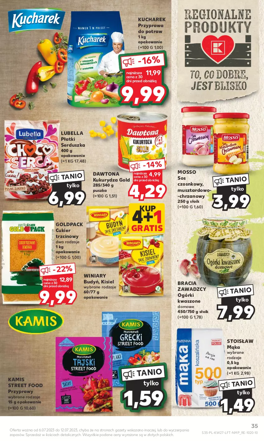 Gazetka promocyjna Kaufland - Gazetka tygodnia - ważna 06.07 do 12.07.2023 - strona 35 - produkty: Bell, Bella, Budyń, Chrzan, Cukier, Cukier trzcinowy, Dawtona, Gra, Kamis, Kisiel, Kucharek, Kukurydza, Lubella, Mąka, Mus, Przyprawa do potraw, Przyprawy, Ser, Sos, Sos czosnkowy, Winiary