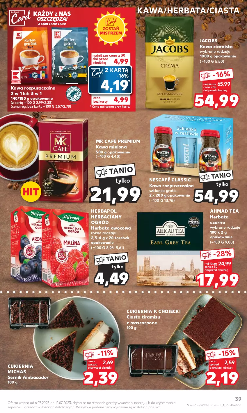 Gazetka promocyjna Kaufland - Gazetka tygodnia - ważna 06.07 do 12.07.2023 - strona 39 - produkty: Cukier, Gra, Herbapol, Herbata, Herbata czarna, Herbata owocowa, Jacobs, Kawa, Kawa mielona, Kawa rozpuszczalna, Kawa ziarnista, Mascarpone, Nescafé, Ogród, Ser, Szklanka