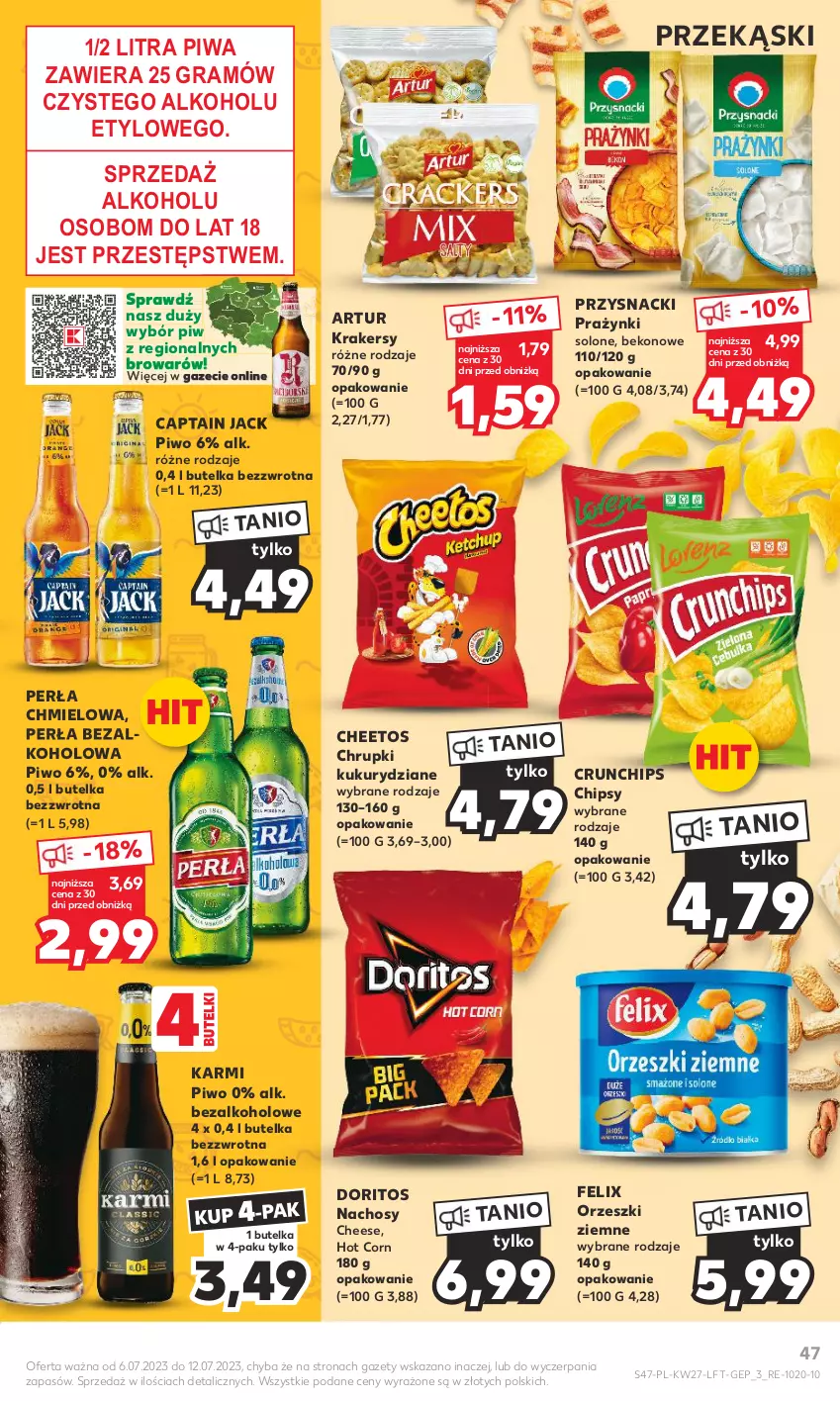 Gazetka promocyjna Kaufland - Gazetka tygodnia - ważna 06.07 do 12.07.2023 - strona 47 - produkty: Artur, Beko, Captain Jack, Cheetos, Chipsy, Chrupki, Crunchips, Felix, Gra, Karmi, Krakersy, Orzeszki, Orzeszki ziemne, Perła, Piwa, Piwo, Przysnacki