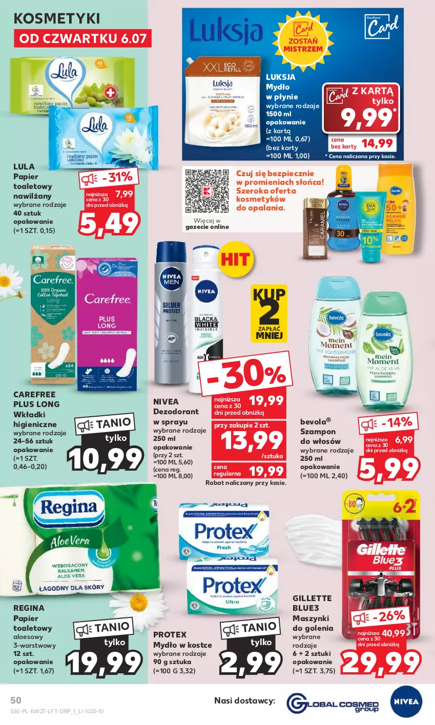 Gazetka promocyjna Kaufland - Gazetka tygodnia - ważna 06.07 do 12.07.2023 - strona 50 - produkty: Carefree, Dezodorant, Gillette, Gin, Luksja, Mydło, Mydło w płynie, Nivea, Papier, Papier toaletowy, Piec, Szampon, Wkładki