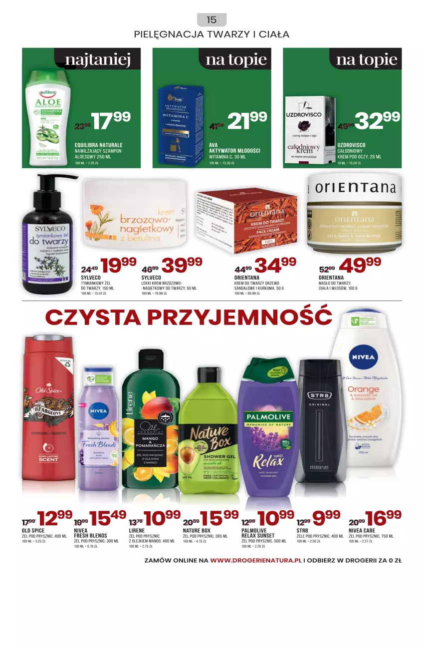 Gazetka promocyjna Drogerie Natura - Gazetka Drogerie Natura - ważna 01.10 do 31.10.2022 - strona 15 - produkty: Fa, Krem do twarzy, Krem pod oczy, Kurkuma, LG, Lirene, Mango, Masło, Nature Box, Nivea, Old Spice, Olej, Palmolive, Sandał, Str8, Szampon, Top, Tulipan