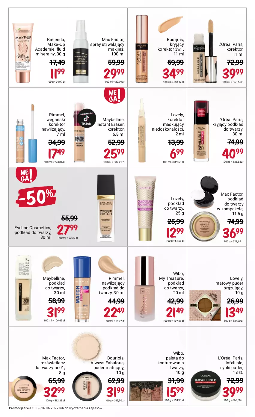 Gazetka promocyjna Rossmann - ważna 13.06 do 26.06.2022 - strona 11 - produkty: Always, Bell, Bielenda, Bourjois, Eveline, Fa, L’Oréal, Lovely, Makijaż, Max Factor, Maybelline, Paleta, Podkład, Podkład do twarzy, Puder, Rozświetlacz, Ser, Wibo