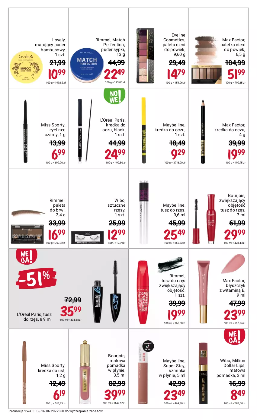 Gazetka promocyjna Rossmann - ważna 13.06 do 26.06.2022 - strona 12 - produkty: Bell, Bourjois, Eveline, Fa, Inka, Kredka, L’Oréal, Lack, Lion, Lovely, Max Factor, Maybelline, Miss Sporty, Paleta, Paletka cieni, Por, Puder, Sport, Szminka, Sztuczne rzęsy, Tusz, Wibo