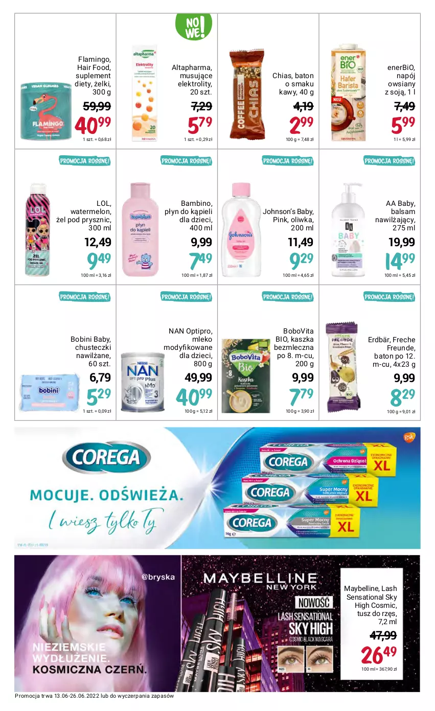 Gazetka promocyjna Rossmann - ważna 13.06 do 26.06.2022 - strona 14 - produkty: Baton, Bell, BoboVita, Chia, Chusteczki, Dzieci, Enerbio, Maybelline, Melon, Mleko, Mleko modyfikowane, Mus, NAN Optipro, Napój, Płyn do kąpieli, Sati, Suplement diety, Tusz