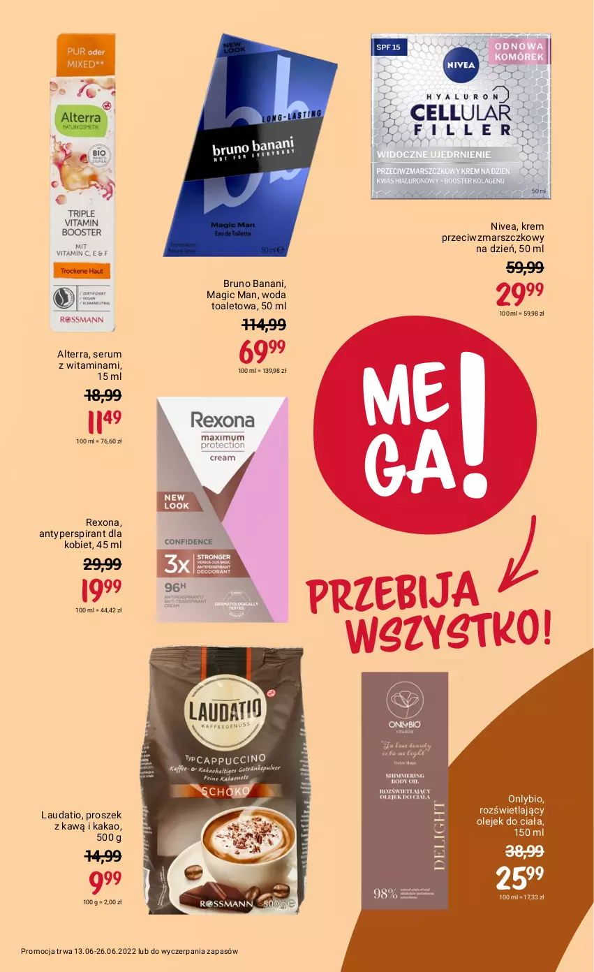 Gazetka promocyjna Rossmann - ważna 13.06 do 26.06.2022 - strona 3 - produkty: Alterra, Antyperspirant, Bruno Banani, Kakao, Krem przeciwzmarszczkowy, Mars, Nivea, Olej, Olejek do ciała, Rexona, Rum, Ser, Serum, Woda, Woda toaletowa