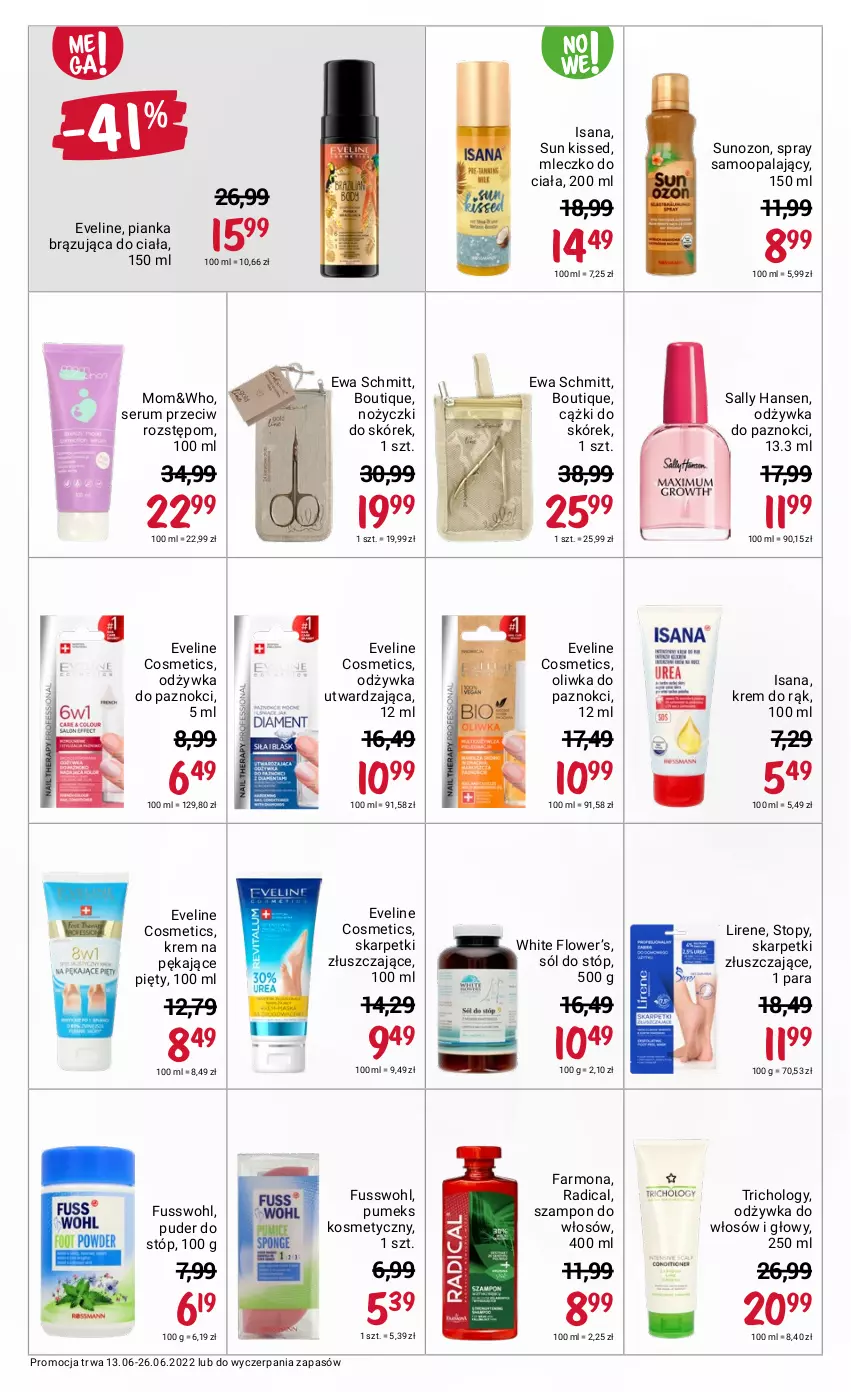 Gazetka promocyjna Rossmann - ważna 13.06 do 26.06.2022 - strona 5 - produkty: Cążki, Cążki do skórek, Eveline, Ewa Schmitt, Fa, Isana, Karp, Krem do rąk, Lirene, Mleczko, Mleczko do ciała, Noż, Nożyczki, Odżywka, Puder, Pumeks, Rum, Sally Hansen, Ser, Serum, Skarpetki, Sól, Szampon, Top