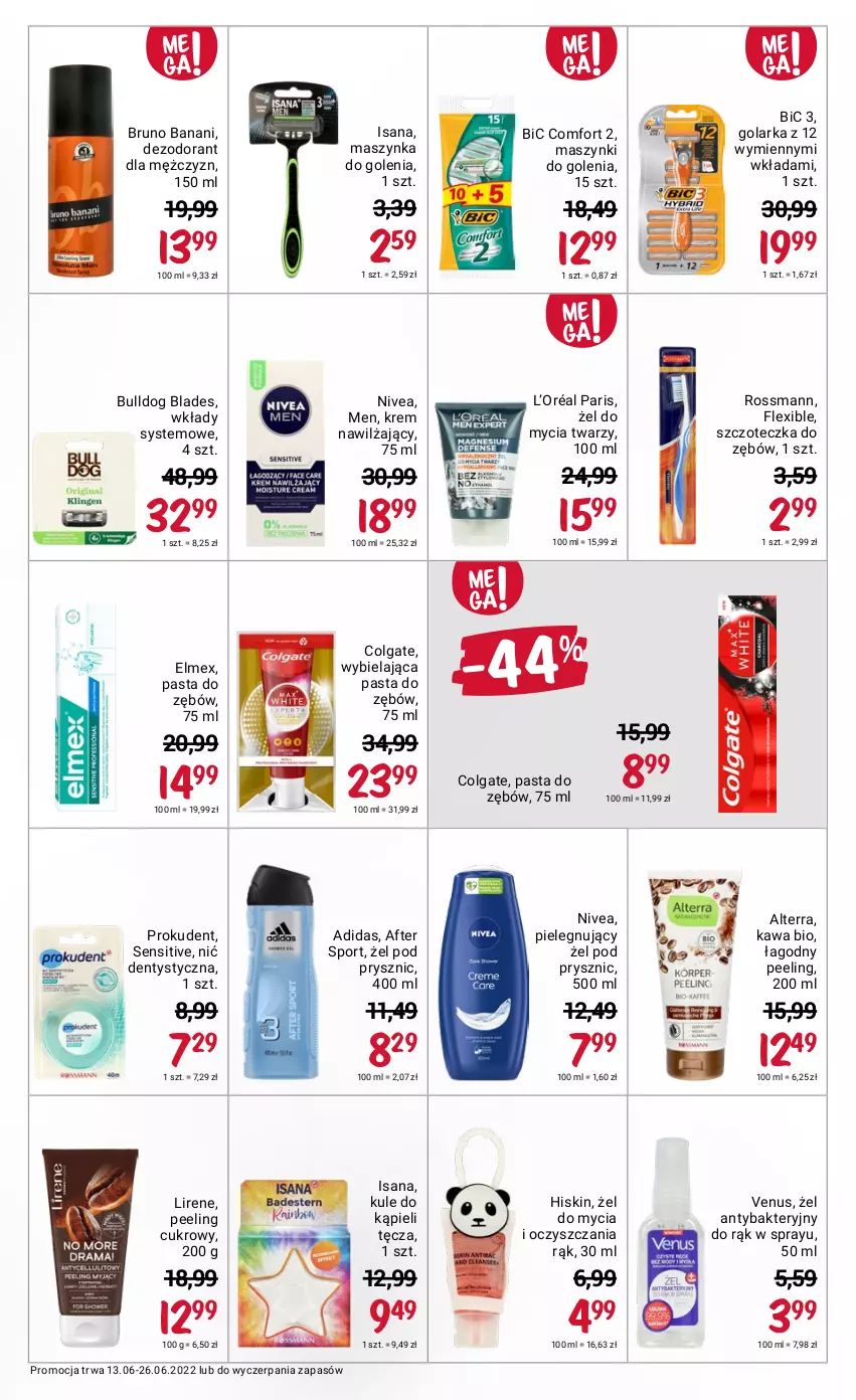 Gazetka promocyjna Rossmann - ważna 13.06 do 26.06.2022 - strona 7 - produkty: Adidas, Alterra, BIC, Bruno Banani, Bulldog, Colgate, Dezodorant, Elmex, Golarka, Isana, Kawa, Krem nawilżający, L’Oréal, LG, Lirene, Maszynka, Maszynka do golenia, Nić dentystyczna, Nivea, Pasta do zębów, Peeling, Por, Prokudent, Sport, Szczoteczka, Szczoteczka do zębów, Szynka, Venus