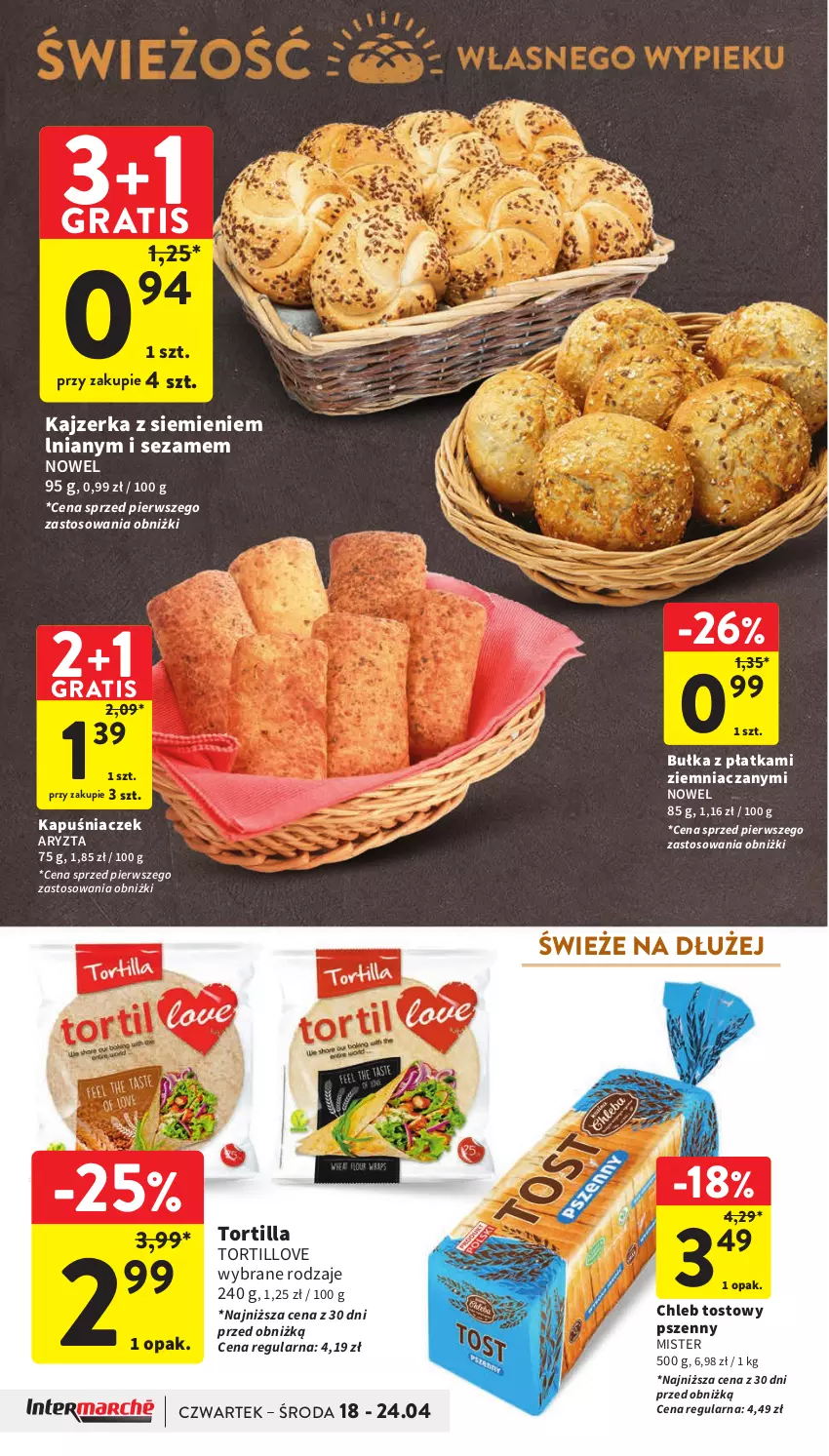 Gazetka promocyjna Intermarche - Gazetka Intermarche - ważna 18.04 do 24.04.2024 - strona 22 - produkty: Bułka, Chleb, Chleb tostowy, Gra, Kajzerka, Kapuśniaczek, Sezam, Tortilla