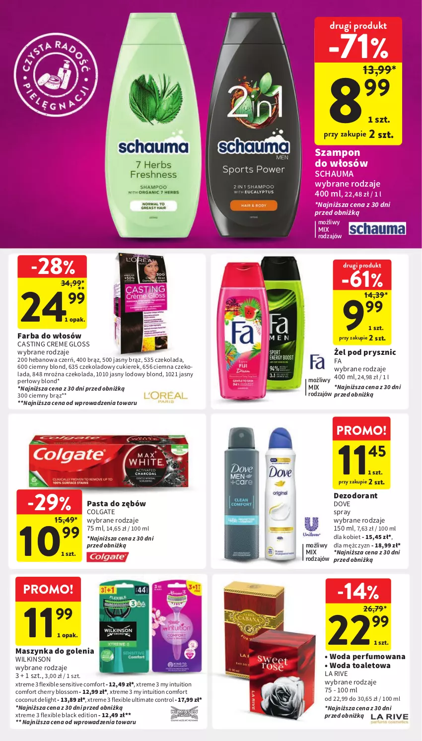 Gazetka promocyjna Intermarche - Gazetka Intermarche - ważna 18.04 do 24.04.2024 - strona 35 - produkty: Colgate, Control, Cukier, Czekolada, Dezodorant, Dove, Fa, Farba do włosów, La Rive, Lack, LG, Maszynka, Maszynka do golenia, Pasta do zębów, Perfum, Schauma, Szampon, Szynka, Woda, Woda perfumowana, Woda toaletowa