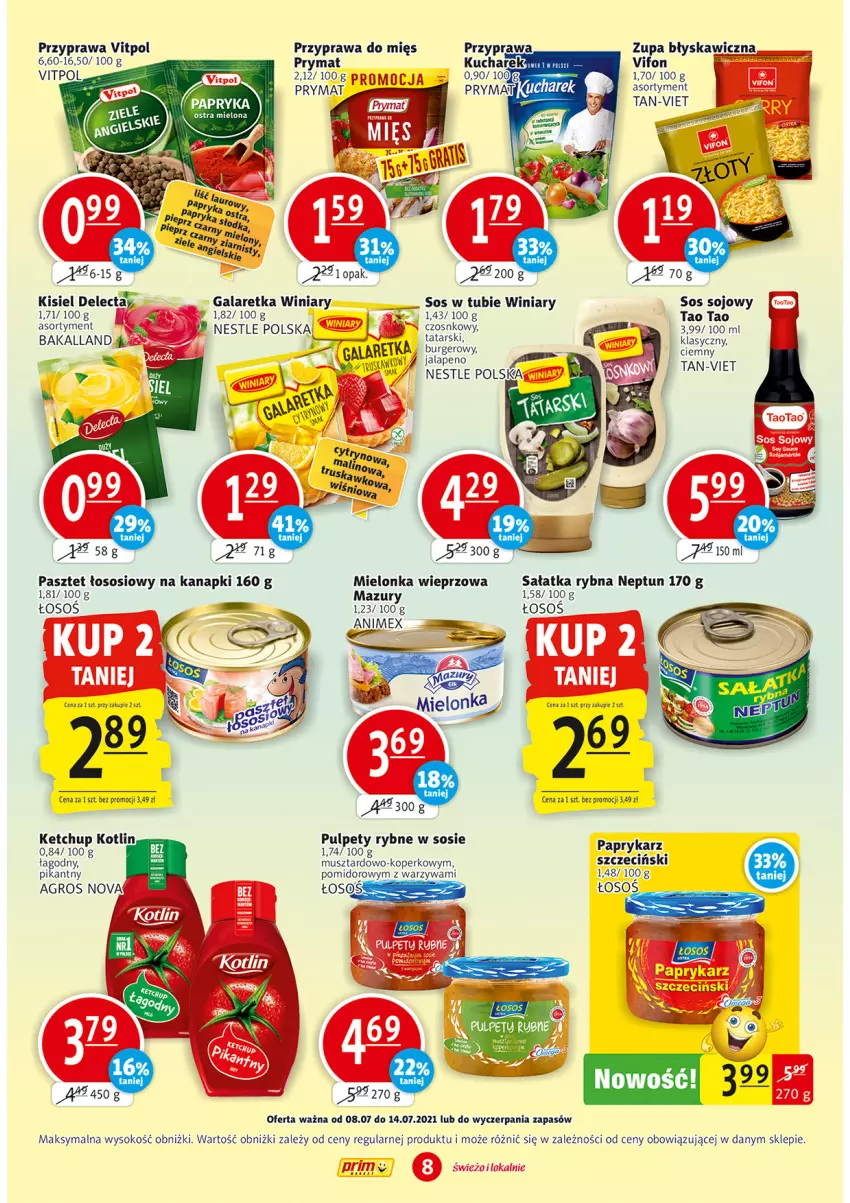 Gazetka promocyjna Prim Market - Gazetka - ważna 08.07 do 14.07.2021 - strona 8 - produkty: Delecta, Gala, Galaretka, Ketchup, Kisiel, Kotlin, Mus, Papryka, Paprykarz, Paprykarz szczeciński, Pasztet, Prymat, Pulpety, Sałat, Sałatka, Sok, Sos, Sos sojowy, Warzywa, Winiary, Zupa