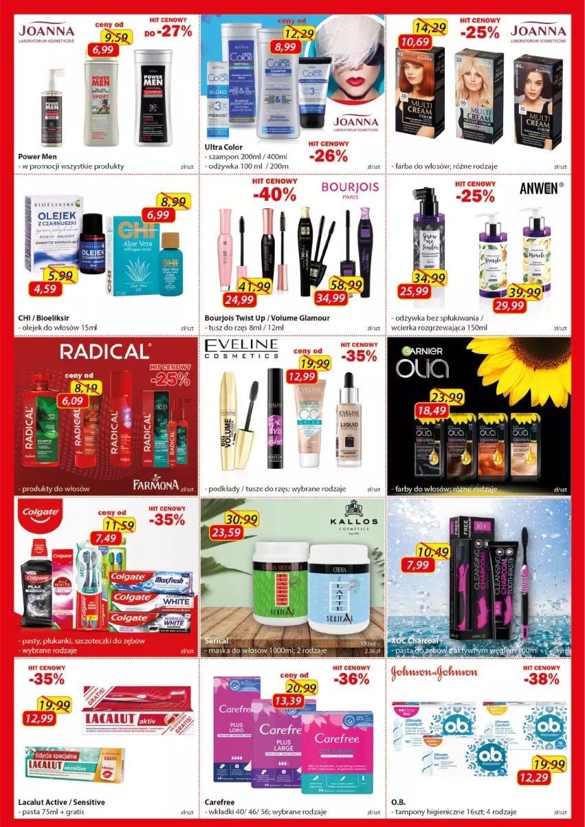 Gazetka promocyjna Kosmyk - Gazetka - ważna 01.09 do 30.09.2023 - strona 3 - produkty: Bourjois, Carefree, Eveline, Fa, Farba do włosów, Garnier, Gra, Joanna, Kallos, Lacalut, O.B., Odżywka, Olej, Rama, Szampon, Tampony, Tusz, Wkładki