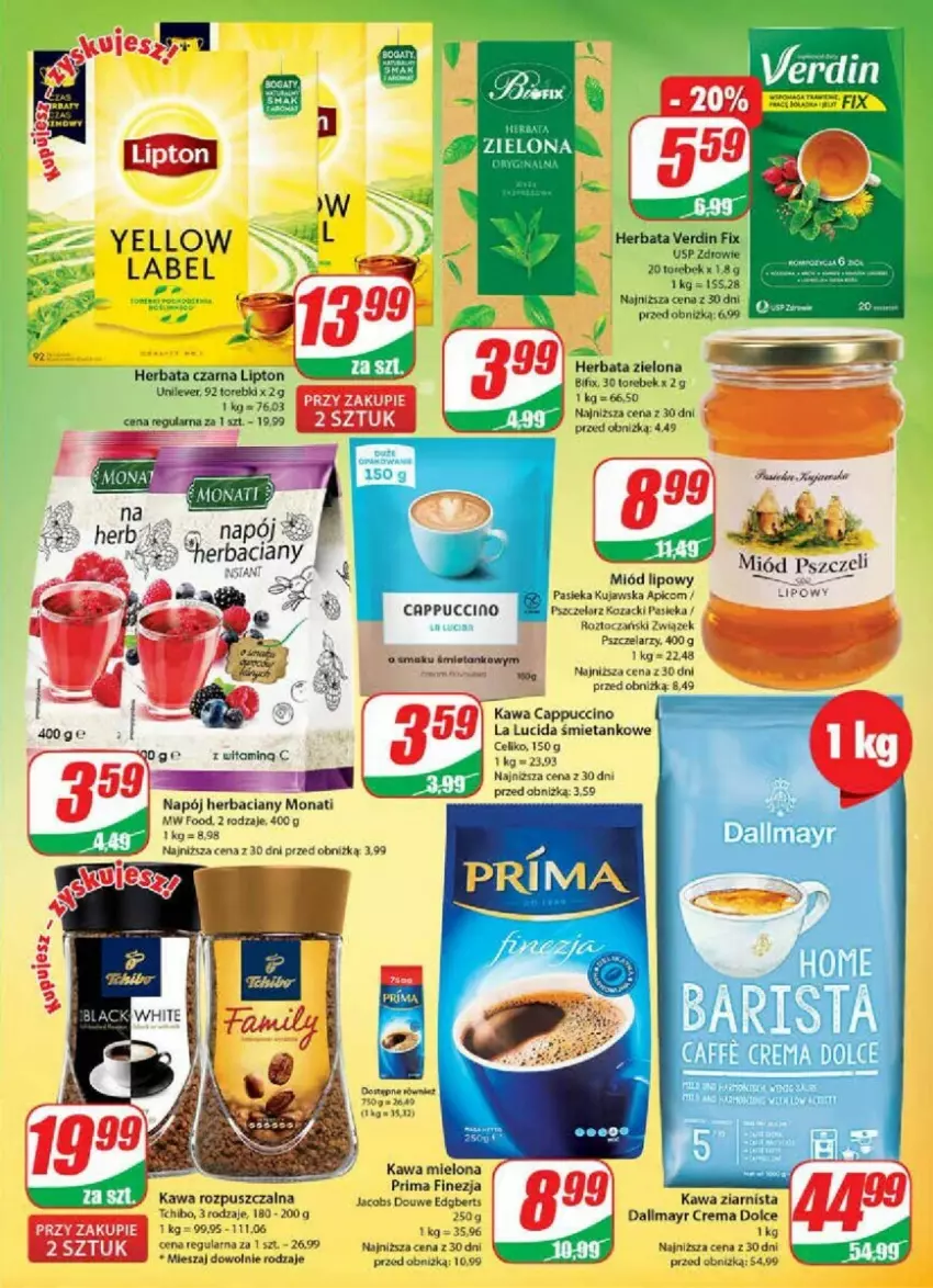 Gazetka promocyjna Dino - ważna 08.11 do 14.11.2023 - strona 20 - produkty: Cappuccino, Dallmayr, Herbata, Herbata czarna, Jacobs, Kawa, Kawa mielona, Kawa rozpuszczalna, Kawa ziarnista, Lipton, Miód, Napój, Prima, Tchibo, Zdrowie