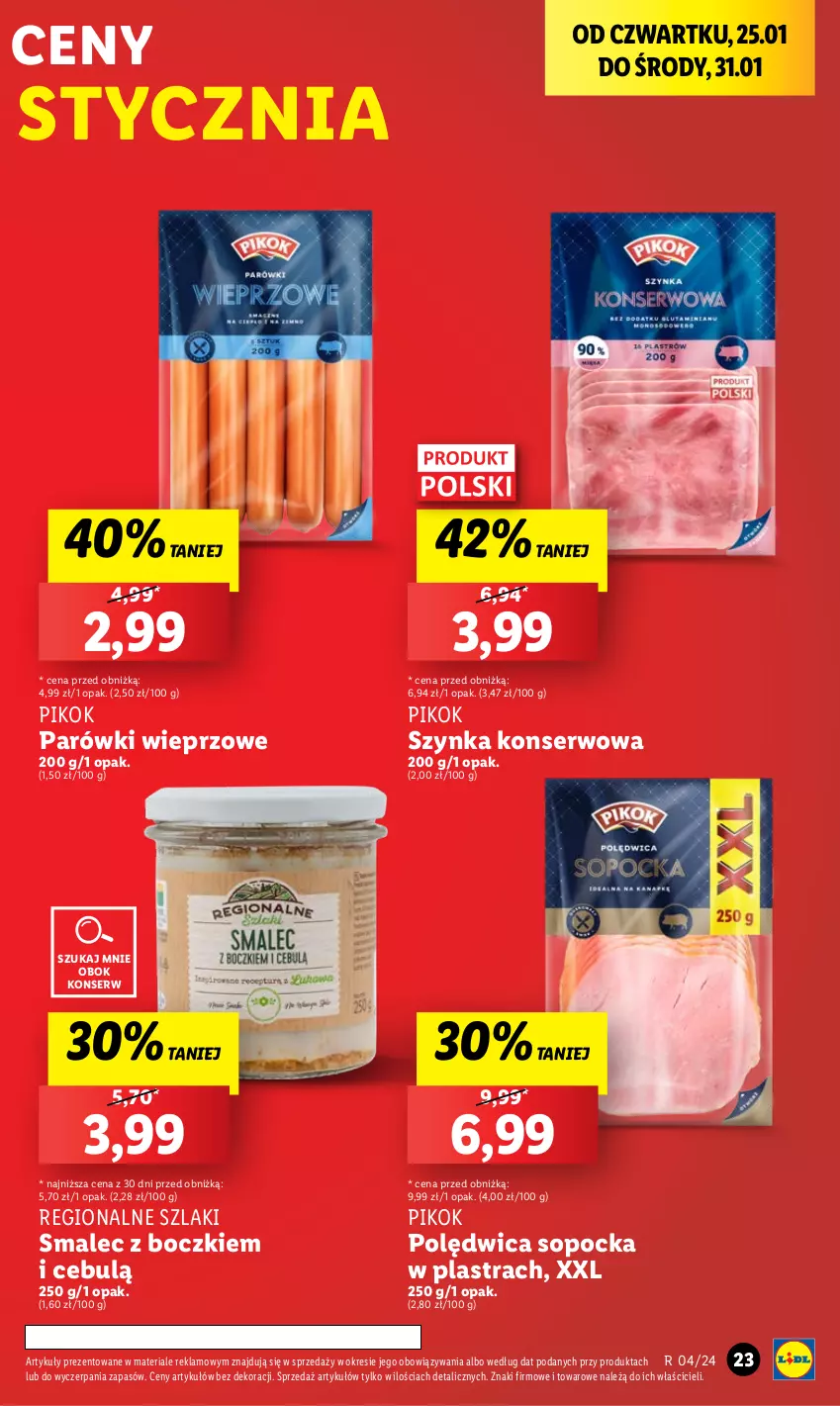 Gazetka promocyjna Lidl - GAZETKA - ważna 25.01 do 28.01.2024 - strona 23 - produkty: Parówki, PIKOK, Polędwica, Ser, Smalec, Szynka, Szynka konserwowa