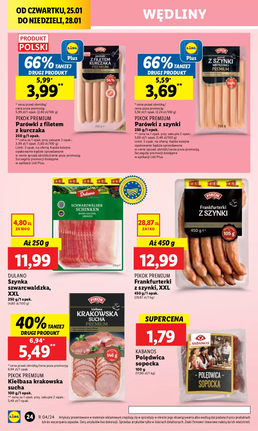 Gazetka promocyjna Lidl - GAZETKA - ważna 25.01 do 28.01.2024 - strona 24 - produkty: Dulano, Frankfurterki, Kabanos, Kiełbasa, Kiełbasa krakowska, Kurczak, Olej, Parówki, Parówki z szynki, PIKOK, Polędwica, Szynka