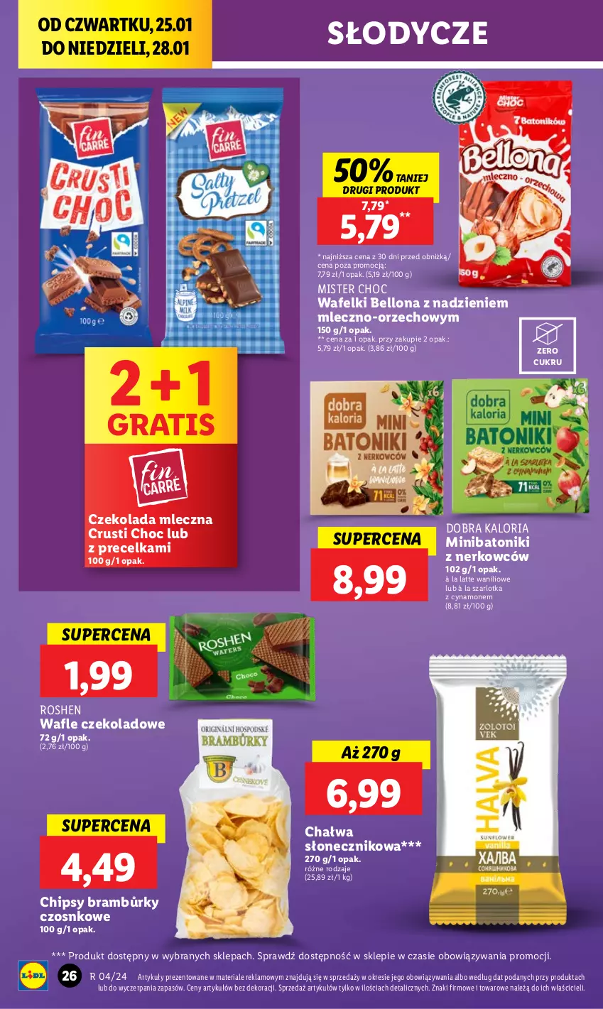 Gazetka promocyjna Lidl - GAZETKA - ważna 25.01 do 28.01.2024 - strona 26 - produkty: Baton, Bell, Chałwa, Chipsy, Czekolada, Czekolada mleczna, Gra, Rust, Szarlotka, Tonik, Wafle